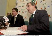 13 November 2003; FAI Career Guidance Officer Eoin Hand, right, with FAI Chief Executive Fran Rooney, centre, and Ger McGuigan, Crumlin United, pictured at a press conference to outline details of the landmark decision by FIFA ruling in favour of a claim made by the association and Crumlin United in relation to transfer related payments. Picture credit; Matt Browne / SPORTSFILE *EDI*