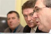 13 November 2003; FAI Career Guidance Officer Eoin Hand, right, with FAI Chief Executive Fran Rooney, centre, and Ger McGuigan, Crumlin United, pictured at a press conference to outline details of the landmark decision by FIFA ruling in favour of a claim made by the association and Crumlin United in relation to transfer related payments. Picture credit; Matt Browne / SPORTSFILE *EDI*