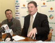 13 November 2003; FAI Chief Executive Fran Rooney, right, and Ger McGuigan, Crumlin United, pictured at a press conference to outline details of the landmark decision by FIFA ruling in favour of a claim made by the association and Crumlin United in relation to transfer related payments. Picture credit; Matt Browne / SPORTSFILE *EDI*