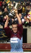 13 November 2003; Sean O'Morain, Scoil Lorcain captain, lifts the cup after victory over Oatlands. Allianz Cumann na Mbunscoil, Corn Chlanna Gael, Scoil Lorca’n v Oatlands, Parnell Park, Dublin. Picture credit; Damien Eagers / SPORTSFILE *EDI*