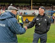 16 June 2013; Clare manager Mick O'Dwyer and Cork manager Conor Counihan before the start of the match. Munster GAA Football Senior Championship Semi-Final, Clare v Cork, Cusack Park, Ennis, Co. Clare. Picture credit: Matt Browne / SPORTSFILE
