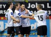 10 June 2013; Patrick Hoban, 2nd from right, Dundalk, is congratulated by team-mates, from left, John Dillon, Dane Massey and Tiarnan Mulvenna, after scoring his side's 1st goal. Airtricity League Premier Division, Drogheda United v Dundalk, Hunky Dorys Park, Drogheda, Co. Louth. Photo by Sportsfile