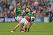 16 June 2013; Colm Boyle, Mayo, with support from team-mate Ger Cafferkey, in action against Cathal Cregg, Roscommon. Connacht GAA Football Senior Championship Semi-Final, Mayo v Roscommon, Elverys MacHale Park, Castlebar, Co. Mayo. Picture credit: Barry Cregg / SPORTSFILE
