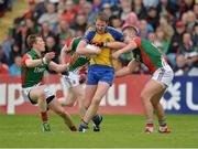 16 June 2013; Michael Finneran, Roscommon, in action against Donal Vaughan, left, and Aidan O'Shea, Mayo. Connacht GAA Football Senior Championship Semi-Final, Mayo v Roscommon, Elverys MacHale Park, Castlebar, Co. Mayo. Picture credit: Barry Cregg / SPORTSFILE
