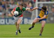 16 June 2013; Lee Keegan, Mayo, in action against Cathal Cregg, Roscommon. Connacht GAA Football Senior Championship Semi-Final, Mayo v Roscommon, Elverys MacHale Park, Castlebar, Co. Mayo. Picture credit: Barry Cregg / SPORTSFILE