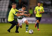 9 August 2019; Aaron McEneff of Shamrock Rovers in action against Daniel O'Reilly of Finn Harps during the Extra.ie FAI Cup First Round match between Shamrock Rovers and Finn Harps at Tallaght Stadium in Tallaght, Dublin. Photo by Piaras Ó Mídheach/Sportsfile