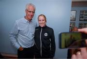 16 August 2019; Republic of Ireland manager Mick McCarthy poses for a photograph with former Republic of Ireland international Méabh De Búrca following his Republic of Ireland squad announcement at Salthill Devon FC in Galway. Photo by Stephen McCarthy/Sportsfile