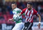 16 August 2019; Graham Burke of Shamrock Rovers in action against Darren Cole of Derry City during the SSE Airtricity League Premier Division match between Derry City and Shamrock Rovers at the Ryan McBride Brandywell Stadium in Derry. Photo by Oliver McVeigh/Sportsfile