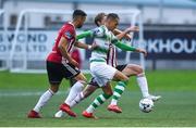 16 August 2019; Graham Burke of Shamrock Rovers in action against Darren Cole and Greg Sloggett of Derry City during the SSE Airtricity League Premier Division match between Derry City and Shamrock Rovers at the Ryan McBride Brandywell Stadium in Derry. Photo by Oliver McVeigh/Sportsfile
