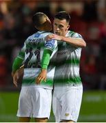 16 August 2019; Aaron Greene of Shamrock Rovers celebrates with Graham Burke after scoring his sides second goal during the SSE Airtricity League Premier Division match between Derry City and Shamrock Rovers at the Ryan McBride Brandywell Stadium in Derry. Photo by Oliver McVeigh/Sportsfile