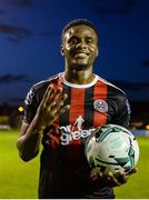 16 August 2019; Andre Wright of Bohemians poses with the match ball after scoring four goals during the SSE Airtricity League Premier Division match between Bohemians and UCD at Dalymount Park in Dublin. Photo by Sam Barnes/Sportsfile