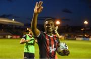 16 August 2019; Andre Wright of Bohemians poses with the match ball after scoring four goals during the SSE Airtricity League Premier Division match between Bohemians and UCD at Dalymount Park in Dublin. Photo by Sam Barnes/Sportsfile