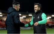 16 August 2019; Shamrock Rovers manager Stephen Bradley, right, celebrates with Aaron McEnuff after the SSE Airtricity League Premier Division match between Derry City and Shamrock Rovers at the Ryan McBride Brandywell Stadium in Derry. Photo by Oliver McVeigh/Sportsfile