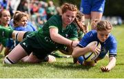 17 August 2019; Katie Whelan of Leinster goes over to score her side's fifth try despite the efforts of Mollie Starr of Connacht during the Under 18 Girls Interprovincial Rugby Championship match between Leinster and Connacht at MU Barnhall in Leixlip, Kildare. Photo by Sam Barnes/Sportsfile