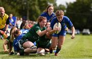 17 August 2019; Katie Whelan of Leinster goes over to score her side's fifth try despite the efforts of Mollie Starr, left, and Aishling Hahessy of Connacht during the Under 18 Girls Interprovincial Rugby Championship match between Leinster and Connacht at MU Barnhall in Leixlip, Kildare. Photo by Sam Barnes/Sportsfile