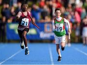 17 August 2019; Oran Murphy of Claremorris, Co. Mayo, right, and Andrew Amentorge of Kinnegad, Co. Westmeath, competing in the Boys' U12 Relay Heats during Day 1 of the Aldi Community Games August Festival, which saw over 3,000 children take part in a fun-filled weekend at UL Sports Arena in University of Limerick, Limerick. Photo by Ben McShane/Sportsfile