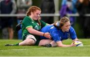 17 August 2019; Kathryn Dempsey of Leinster goes over to score her side's fourth try despite the efforts of Mollie Starr of Connacht during the Under 18 Girls Interprovincial Rugby Championship match between Leinster and Connacht at MU Barnhall in Leixlip, Kildare. Photo by Sam Barnes/Sportsfile