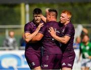 17 August 2019; Harry Byrne of Leinster, left, is congratulated by team-mates Rónan Kelleher, centre, and Gavin Mullin after scoring his side's fourth try during the Bank of Ireland pre-season friendly match between Leinster and Coventry at Energia Park in Donnybrook, Dublin. Photo by Seb Daly/Sportsfile