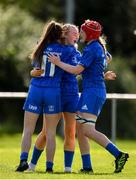 17 August 2019; Ciara Faulkner of Leinster, centre, is congratulated by Rachel Conroy, left, and Aoife Wafer after scoring her side's seventh try during the Under 18 Girls Interprovincial Rugby Championship match between Leinster and Connacht at MU Barnhall in Leixlip, Kildare. Photo by Sam Barnes/Sportsfile