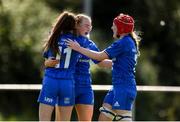 17 August 2019; Ciara Faulkner of Leinster, centre, is congratulated by Rachel Conroy, left, and Aoife Wafer after scoring her side's seventh try during the Under 18 Girls Interprovincial Rugby Championship match between Leinster and Connacht at MU Barnhall in Leixlip, Kildare. Photo by Sam Barnes/Sportsfile