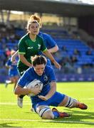 17 August 2019; Hannah O'Connor of Leinster dives over to score her side's first try during the Women’s Interprovincial Rugby Championship match between Leinster and Connacht at Energia Park in Donnybrook, Dublin. Photo by Seb Daly/Sportsfile