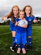 17 August 2019; Leinster mascots from left, Sadhbh McKane, age 9, Tara McKane, age 5 and Caoimhe McKane, age 8 from Donore, Co. Meath prior to the Women’s Interprovincial Rugby Championship match between Leinster and Connacht at Energia Park in Donnybrook, Dublin. Photo by Eóin Noonan/Sportsfile