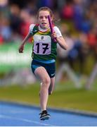 17 August 2019; Beibhin Nolan of Rathnapish, Co. Carlow, competing in the Girls' U12 Relay during Day 1 of the Aldi Community Games August Festival, which saw over 3,000 children take part in a fun-filled weekend at UL Sports Arena in University of Limerick, Limerick. Photo by Ben McShane/Sportsfile
