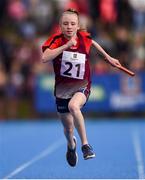 17 August 2019; Sarah O'Sullivan of Kinnegad, Co. Westmeath, competing in the Girls' U12 Relay during Day 1 of the Aldi Community Games August Festival, which saw over 3,000 children take part in a fun-filled weekend at UL Sports Arena in University of Limerick, Limerick. Photo by Ben McShane/Sportsfile