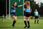 17 August 2019; Ceola Bergin of Roscrea, Co Tipperary, right, celebrates with team-mate Khya Lynch after scoring her side's first goal against Fanad, Co Donegal during Day 1 of the Aldi Community Games August Festival, which saw over 3,000 children take part in a fun-filled weekend at UL Sports Arena in University of Limerick, Limerick. Photo by David Fitzgerald/Sportsfile