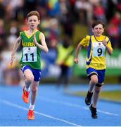 17 August 2019; Steve Reidy of Lixnaw, Co. Kerry, left, and Bobby Lenehan of Drum Clonown, Co. Roscommon, competing in the Boys' 100m Heats during Day 1 of the Aldi Community Games August Festival, which saw over 3,000 children take part in a fun-filled weekend at UL Sports Arena in University of Limerick, Limerick. Photo by Ben McShane/Sportsfile