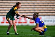 17 August 2019; Orlaith Duff of Meath shakes hands with Sinéad Glennon of Roscommon after the TG4 All-Ireland Ladies Football Intermediate Championship Semi-Final match between Meath and Roscommon at Nowlan Park in Kilkenny. Photo by Piaras Ó Mídheach/Sportsfile