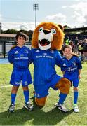 17 August 2019; Mascots Hugh Dunleavy, age 7, from Glenageary, Dublin, left, and Seán Purcell, age 7, from Blanchardstown, Dublin, with Leinster mascot Leo the Lion, prior to the Bank of Ireland pre-season friendly match between Leinster and Coventry at Energia Park in Donnybrook, Dublin. Photo by Seb Daly/Sportsfile