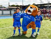 17 August 2019; Mascots Hugh Dunleavy, age 7, from Glenageary, Dublin, left, and Seán Purcell, age 7, from Blanchardstown, Dublin, with Leinster mascot Leo the Lion, prior to the Bank of Ireland pre-season friendly match between Leinster and Coventry at Energia Park in Donnybrook, Dublin. Photo by Seb Daly/Sportsfile