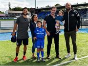 17 August 2019; Mascot Hugh Dunleavy, age 7, from Glenageary, Dublin, with Leinster players Jamison Gibson-Park, left, and Scott Fardy, and family members prior to the Bank of Ireland pre-season friendly match between Leinster and Coventry at Energia Park in Donnybrook, Dublin. Photo by Seb Daly/Sportsfile