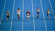 18 August 2019; Runners, from left, Bill Roberts of Myshall, Co Carlow, Charlei Murphy of Ballymore Eustace, Co Kildare, Cathal Walsh of Ballinderreen, Co Galway, Senan Crowley of Lakeside, Co Wicklow and Rian Reynolds of Mohill, Co Leitrim competing in the U8 Boys 60M final during Day 2 of the Aldi Community Games August Festival, which saw over 3,000 children take part in a fun-filled weekend at UL Sports Arena in University of Limerick, Limerick. Photo by David Fitzgerald/Sportsfile