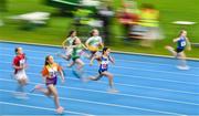 18 August 2019; Rachel Dowd, Co Tipperary, centre, competing alongside runners in the Girls U12 100M during Day 2 of the Aldi Community Games August Festival, which saw over 3,000 children take part in a fun-filled weekend at UL Sports Arena in University of Limerick, Limerick. Photo by David Fitzgerald/Sportsfile