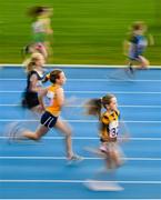18 August 2019; Rachel Duff of Skeoughvosteen, Co Kilkenny, bottom, competing alongside runners in the Girls U10 100M during Day 2 of the Aldi Community Games August Festival, which saw over 3,000 children take part in a fun-filled weekend at UL Sports Arena in University of Limerick, Limerick. Photo by David Fitzgerald/Sportsfile