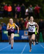 18 August 2019; Sarah Millea of Clane-Rathcoffey, Co Kildare, right, and Leah Nolan of Bree-Davidstown, Co Wexford competing in the Girls U16 100M during Day 2 of the Aldi Community Games August Festival, which saw over 3,000 children take part in a fun-filled weekend at UL Sports Arena in University of Limerick, Limerick. Photo by David Fitzgerald/Sportsfile