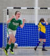 18 August 2019; Sarah Fitzgerald of Milltown-Listry, Co Kerry competing in the Futsal U13 girls semi-final celebrates after scoring a goal during Day 2 of the Aldi Community Games August Festival, which saw over 3,000 children take part in a fun-filled weekend at UL Sports Arena in University of Limerick, Limerick. Photo by David Fitzgerald/Sportsfile
