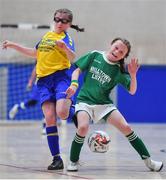 18 August 2019; Mia Daly of Kiltoom-Cam, Co Roscommon in action competing in the Futsal U13 girls semi-final against Fiana Bradley of Milltown-Listry, Co Kerry during Day 2 of the Aldi Community Games August Festival, which saw over 3,000 children take part in a fun-filled weekend at UL Sports Arena in University of Limerick, Limerick. Photo by David Fitzgerald/Sportsfile