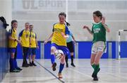 18 August 2019; Lara Deehan of Kiltoom-Cam, Co Roscommon competing in the Futsal U13 girls semi-final against Lilly Kate Clifford of Milltown-Listry, Co Kerry during Day 2 of the Aldi Community Games August Festival, which saw over 3,000 children take part in a fun-filled weekend at UL Sports Arena in University of Limerick, Limerick. Photo by David Fitzgerald/Sportsfile