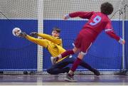 18 August 2019; Simon Fitzgerald of Caherdavin, Co Limerick scores a penalty past Harry Smith of Kilmaine, Co Mayo in the Futsal U15 boys semi-final during Day 2 of the Aldi Community Games August Festival, which saw over 3,000 children take part in a fun-filled weekend at UL Sports Arena in University of Limerick, Limerick. Photo by David Fitzgerald/Sportsfile