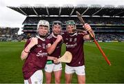 18 August 2019; Galway players, from left, Colm Molloy, Seán O'Hanlon, and Gavin Lee celebrate after the Electric Ireland GAA Hurling All-Ireland Minor Championship Final match between Kilkenny and Galway at Croke Park in Dublin. Photo by Eóin Noonan/Sportsfile