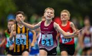 18 August 2019; Matthew Molloy of Ballynacarrigy, Co Westmeath crosses the line to win the Boys U12 600m final during Day 2 of the Aldi Community Games August Festival, which saw over 3,000 children take part in a fun-filled weekend at UL Sports Arena in University of Limerick, Limerick. Photo by David Fitzgerald/Sportsfile