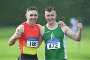 18 August 2019; Glen Scullion, left, from Mid Ulster A.C. who won the mens over 40's 200m and Ruaidhri Kedney from Menapians A.C. Co Wexford who won the mens over 35's 200m during the Irish Life Health National Masters Track and Field Championships at Tullamore Harriers Stadium in Tullamore, Co Offaly. Photo by Matt Browne/Sportsfile