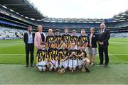 18 August 2019; INTO President Feargal Brougham, President of the Camogie Association Kathleen Woods, President of Cumann na mBunscol Mairead O'Callaghan, Uachtarán Chumann Lúthchleas Gael John Horan, with the Kilkenny team, back row, left to right, Colin McAweeney, Scoil Assaim, Raheny, Dublin, Liam Doherty Maher, Scoil Eanna, Loughrea, Galway, Liam O'Riordan, Clonlisk NS, Shinrone, Birr, Offaly, Seán Ó Cearuil, Gael Scoil Ui Fhiaich, Maigh Nuad, Cill Dara, Seán Treacy, Garryhill NS, Garryhill, Carlow, front row, left to right, Paul O'Connor, St Josephs BNS, Terenure, Dublin, John Paul Houlihan, Scoil Mocheallog, Kilmallock, Limerick, Thomas Langton, Clara NS, Clara, Kilkenny, Ross Deegan, Scoil Tighearnach Naofa, Cullohill, Laois, Jack Hynes, Sacred Heart PS, Granard, Longford, ahead of the INTO Cumann na mBunscol GAA Respect Exhibition Go Games prior to the GAA Hurling All-Ireland Senior Championship Final match between Kilkenny and Tipperary at Croke Park in Dublin. Photo by Daire Brennan/Sportsfile