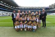 18 August 2019;  INTO President Feargal Brougham, President of the Camogie Association Kathleen Woods, President of Cumann na mBunscol Mairead O'Callaghan, Uachtarán Chumann Lúthchleas Gael John Horan, with the Kilkenny team, back row, left to right, Aisling Walsh, Ballyhea NS, Charleville, Cork, Amelia Higgins, St. Brigid’s NS, Castleknock, Dublin, Anna O'Neill, Corpus Christi GNS, Drumcondra, Dublin, Sarah Sheehan, Drumphea NS, Garryhill, Muine Bheag, Carlow, Anna Doheny, Scoil Ruadhain, Tullaroan, Kilkenny, front row, left to right, Grace Cleary, Shinrone NS, Birr, Offaly, Jessica Johnston, St John the Baptist PS, Belleek, Fermanagh, Sarah McHugh, St Josephs NS, Boyerstown, Meath, Sian Weir Hall, Raharney NS, Mullingar, Westmeath, Lucy Sheridan, St Kevin’s NS, Dunleer, Louth, ahead of the INTO Cumann na mBunscol GAA Respect Exhibition Go Games prior to the GAA Hurling All-Ireland Senior Championship Final match between Kilkenny and Tipperary at Croke Park in Dublin. Photo by Daire Brennan/Sportsfile