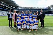 18 August 2019; INTO President Feargal Brougham, President of the Camogie Association Kathleen Woods, President of Cumann na mBunscol Mairead O'Callaghan, Uachtarán Chumann Lúthchleas Gael John Horan, with the Tipperary team, back row, left to right, Joseph Braniff, St Patrick’s Ballygalget, Portaferry, Down, John Ryan, Kilbrittain NS, Bandon, Cork, Seán Farrell, Donaskeigh NS, Dundrum, Tipperary, Marc O'Brien, St John’s NS, Cratloe, Clare, Luke Connolly, St Patrick’s & St Brigid’s PS, Antrim, front row. left to right, Ross Doherty, Scoil Iosagáin, Buncrana, Donegal, Eoin O'Flaherty, Scoil Náisiúnta Ard Fhearta, Kerry, Eoin Lawlor, St. Patricks NS, Wicklow Town, Wicklow, Brogan McCrory, St Francis PS, Lurgan, Armagh, Eoghan Mac Sheoinín, Gael Scoil na Cruaiche, Cathair na Mart, Maigh Eo, ahead of the INTO Cumann na mBunscol GAA Respect Exhibition Go Games prior to the GAA Hurling All-Ireland Senior Championship Final match between Kilkenny and Tipperary at Croke Park in Dublin. Photo by Daire Brennan/Sportsfile