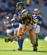 18 August 2019; Anna O'Neill, Corpus Christi GNS, Drumcondra, Dublin, representing Kilkenny, in action against Shauna MacSweeney, St. Patrick’s NS , Bunclody, Wexford, representing Tipperary, during the INTO Cumann na mBunscol GAA Respect Exhibition Go Games prior to the GAA Hurling All-Ireland Senior Championship Final match between Kilkenny and Tipperary at Croke Park in Dublin. Photo by Ray McManus/Sportsfile