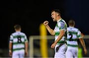 19 August 2019; Aaron Greene of Shamrock Rovers celebrates after scoring his side's third goal of the game during the SSE Airtricity League Premier Division match between Waterford United and Shamrock Rovers at RSC in Waterford. Photo by Eóin Noonan/Sportsfile